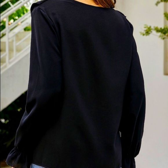NWT! FLOUNCE SLEEVE RUFFLE TRIM GUIPURE LACE BLOUSE IN BLACK! - Picture 3 of 10
